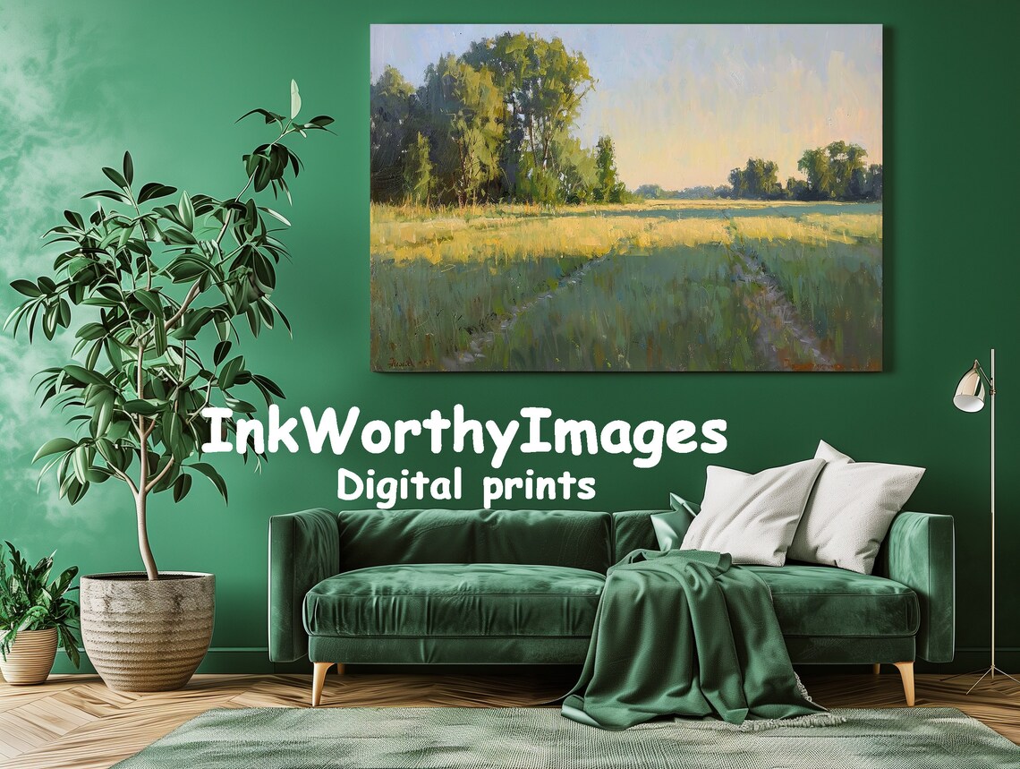 Sunlit Meadow Morning, Impressionist Countryside Landscape - Image 3