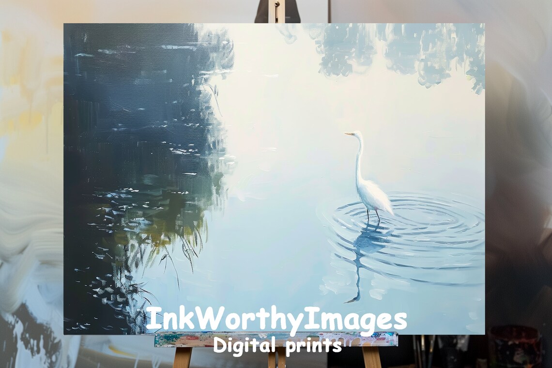 White Heron in Misty Lake, Serene Nature Landscape