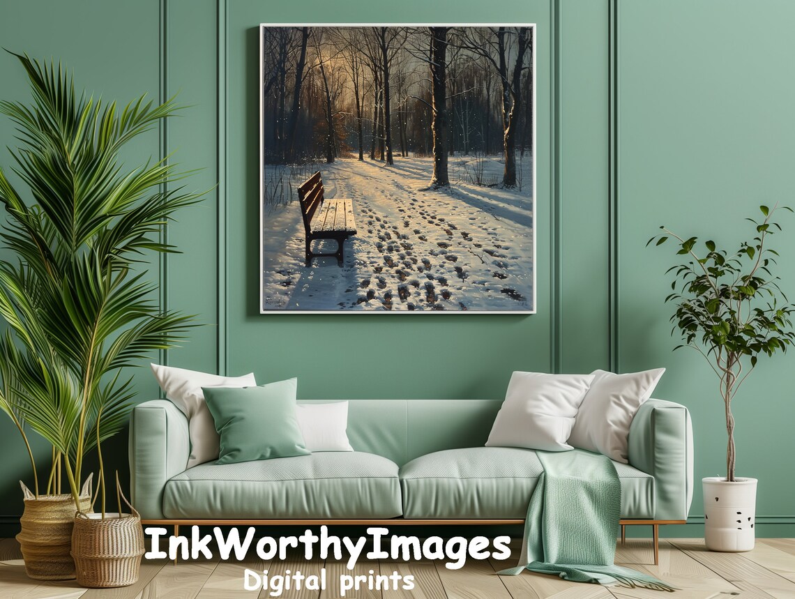 Winter Park Bench, Snowy Forest Path Art Print - Image 5