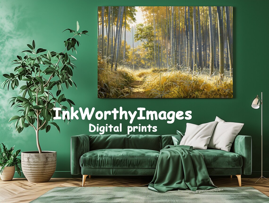 Golden Sunlit Bamboo Grove, Tranquil Forest Landscape Art - Image 2