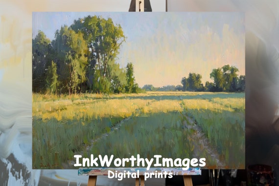 Sunlit Meadow Morning, Impressionist Countryside Landscape