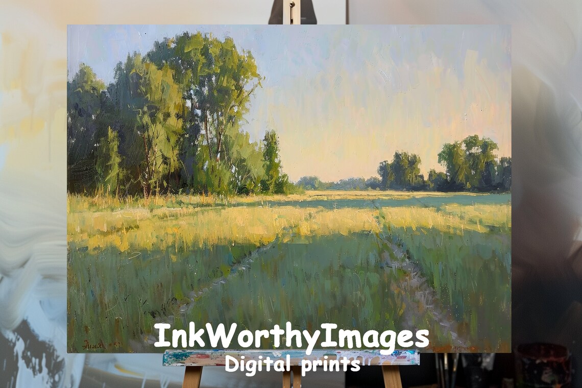 Sunlit Meadow Morning, Impressionist Countryside Landscape