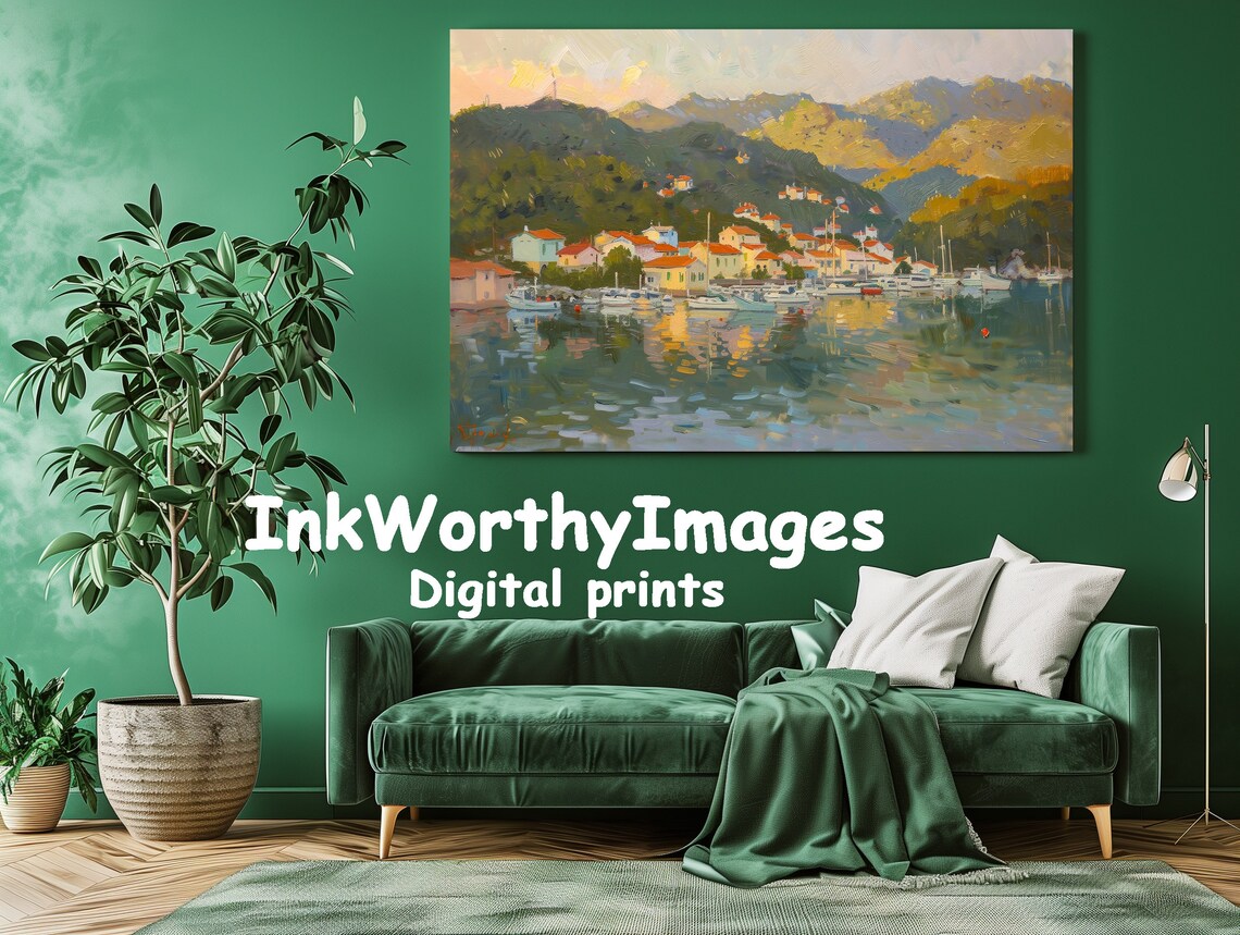 Mediterranean Harbor Village, Impressionist Landscape Art - Image 3