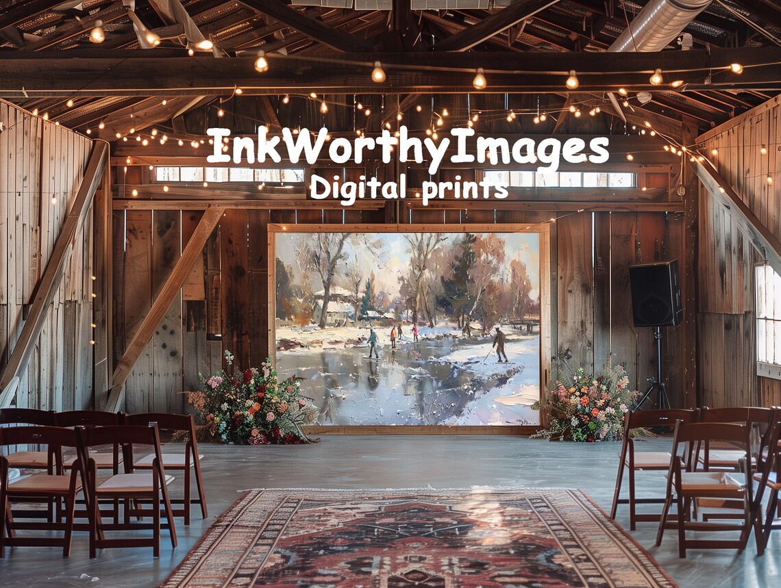 Winter Skating Scene, Snowy Village Landscape - Image 6