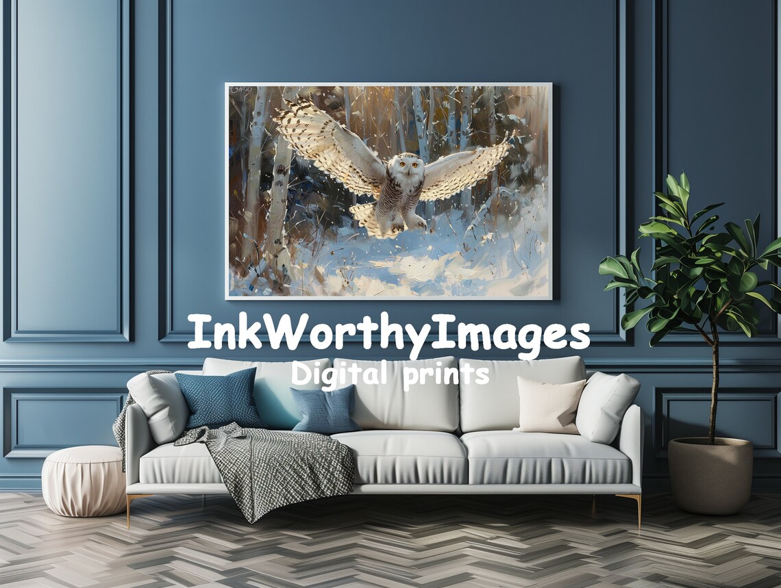 Snowy Owl In Flight, Winter Forest Wildlife Art Print - Image 4