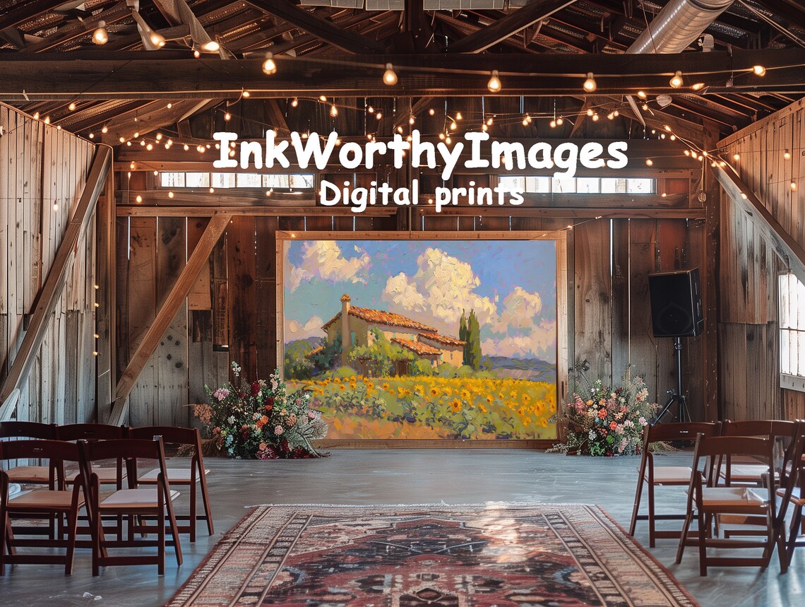 Sunflower Field Cottage, Rustic Landscape Painting - Image 6