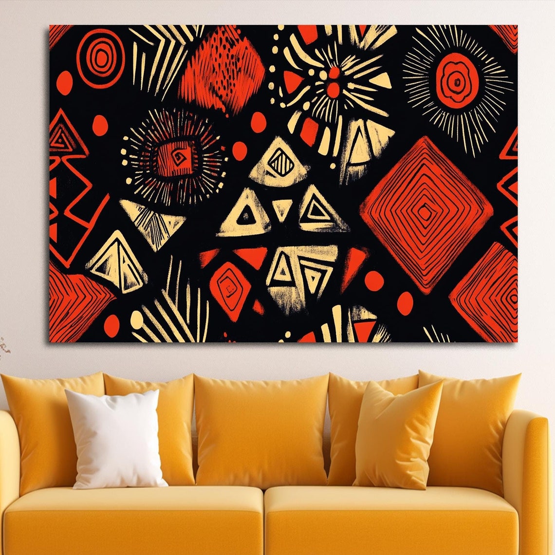 African Tribal Geometric Pattern Red Black Bold Modern Art Print