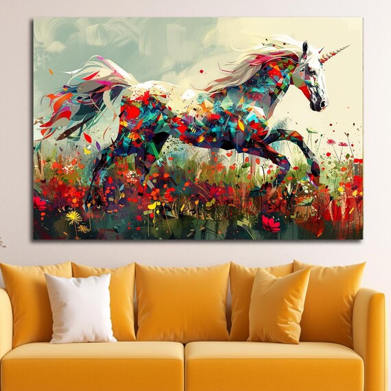 Colorful Mosaic Unicorn Galloping Through Wildflower Meadow Fantasy Wall Art