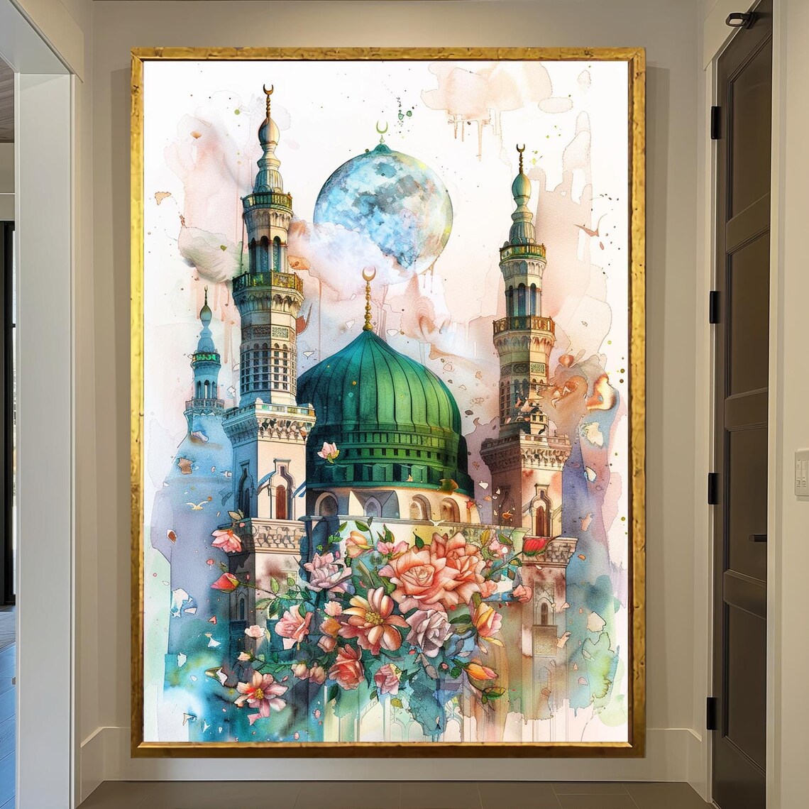 Islamic Mosque Green Dome Watercolor with Moon and Roses Art Print