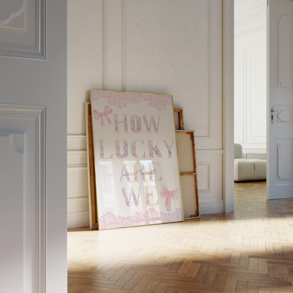 How Lucky Are We Floral Letters Pink Bows Lace Coquette Poster - Image 2