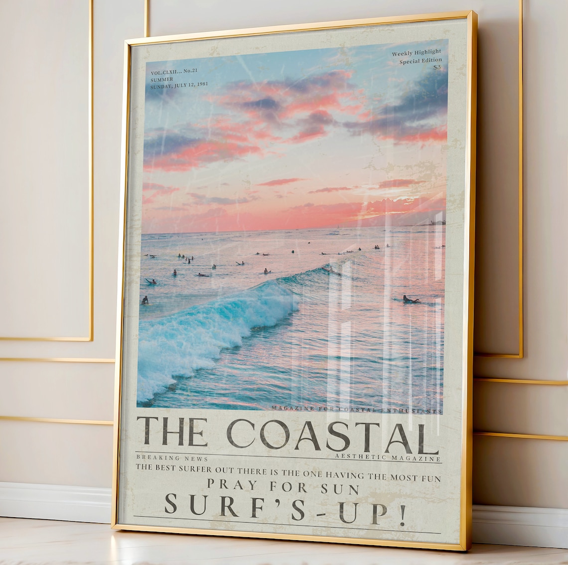 Coastal Surfs Up Vintage Surf Newspaper Poster