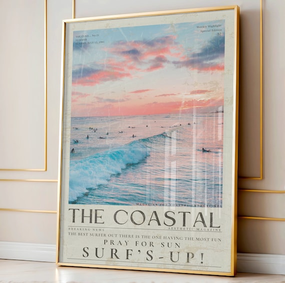 Coastal Surfs Up Vintage Surf Newspaper Poster