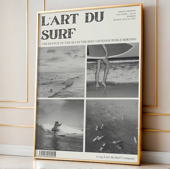 L'Art Du Surf Magazine Style Black And White Retro Surf Photo Poster