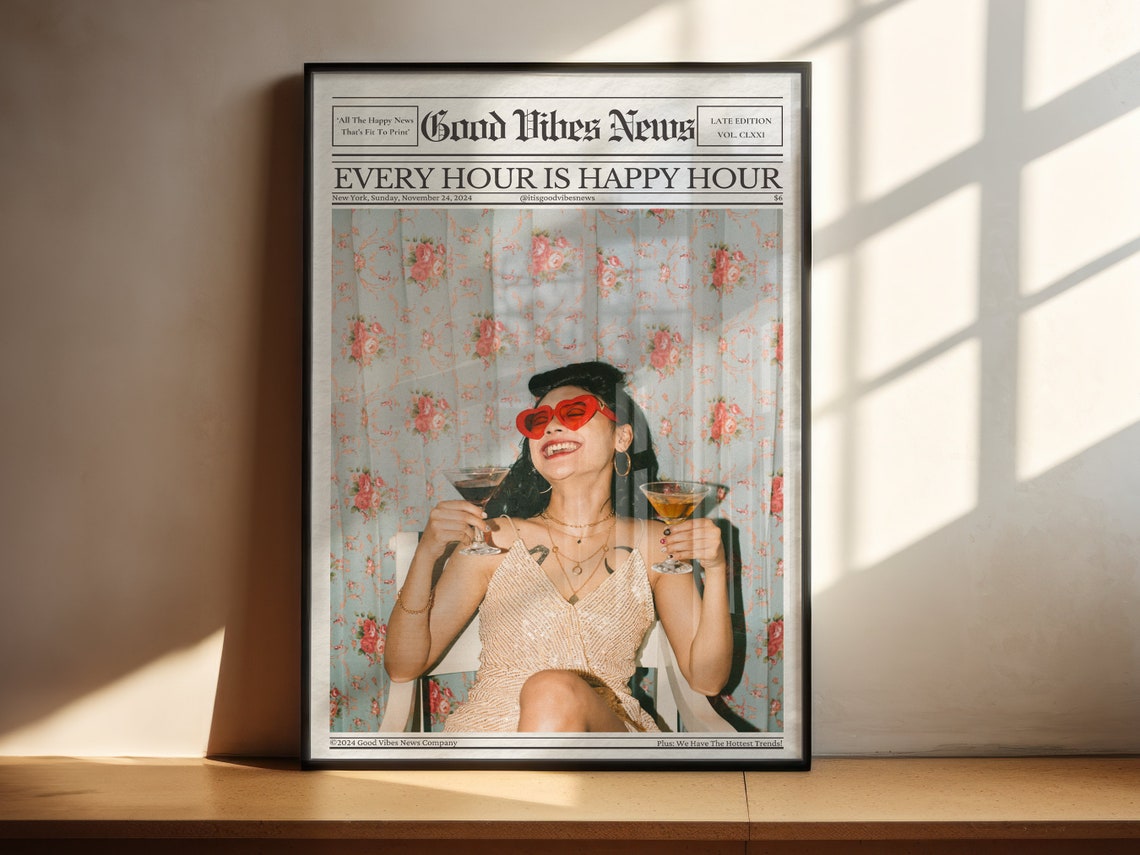Every Hour Is Happy Hour Newspaper Cocktail Cheers Party Poster - Image 3