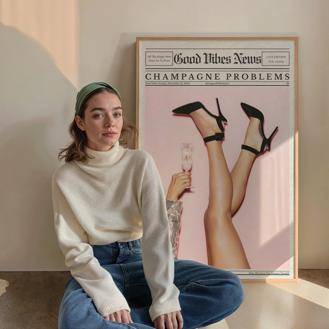 Champagne Problems Pink Heels Newspaper Good Vibes News Poster - Image 2