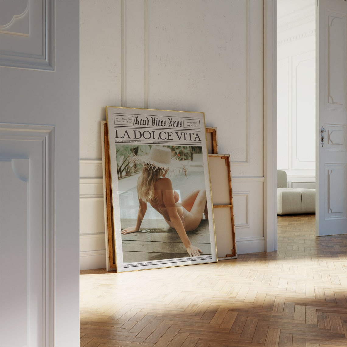 Good Vibes News La Dolce Vita Poolside Sunhat Summer Newspaper Poster - Image 3