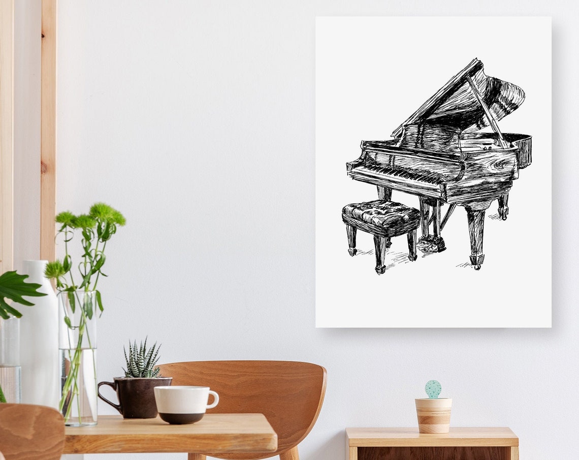 Black and White Grand Piano Ink Sketch Elegant Music Art Poster