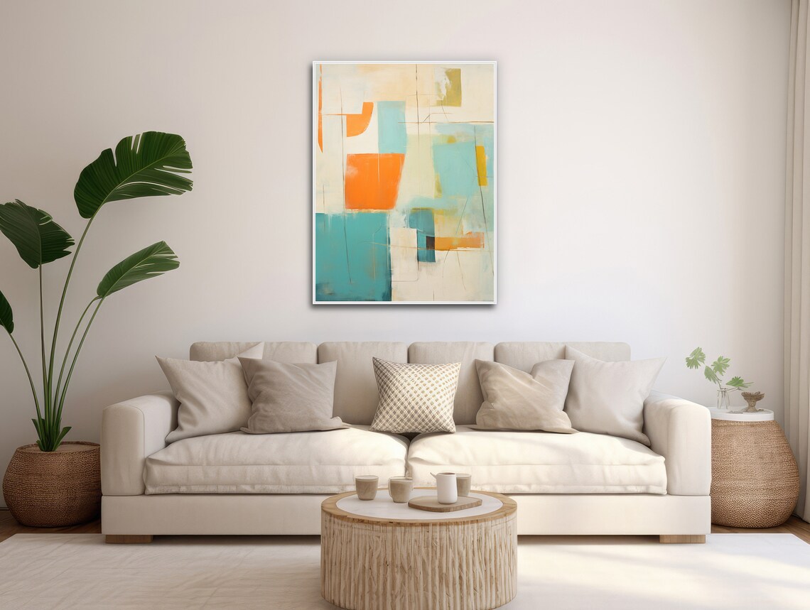 Large Minimal Wall Art Modern Abstract Painting Framed Print Beige Orange Teal Pastel Pallet 1 - Image 3