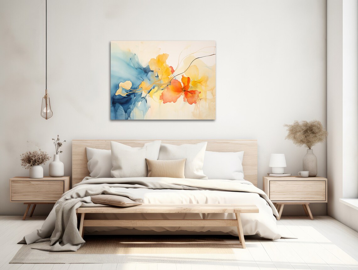 Soft Blue Yellow Orange Watercolor Flowers Abstract Floral Poster - Image 2
