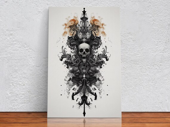 Gothic Skull Ink Ornament Baroque Black White Abstract Art Poster
