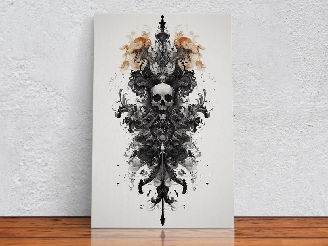 Gothic Skull Ink Ornament Baroque Black White Abstract Art Poster