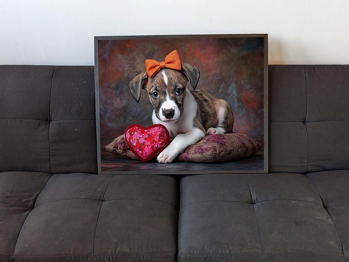 Sweet Whippet Puppy With Orange Bow Resting On Heart Pillow Art Poster - Image 4