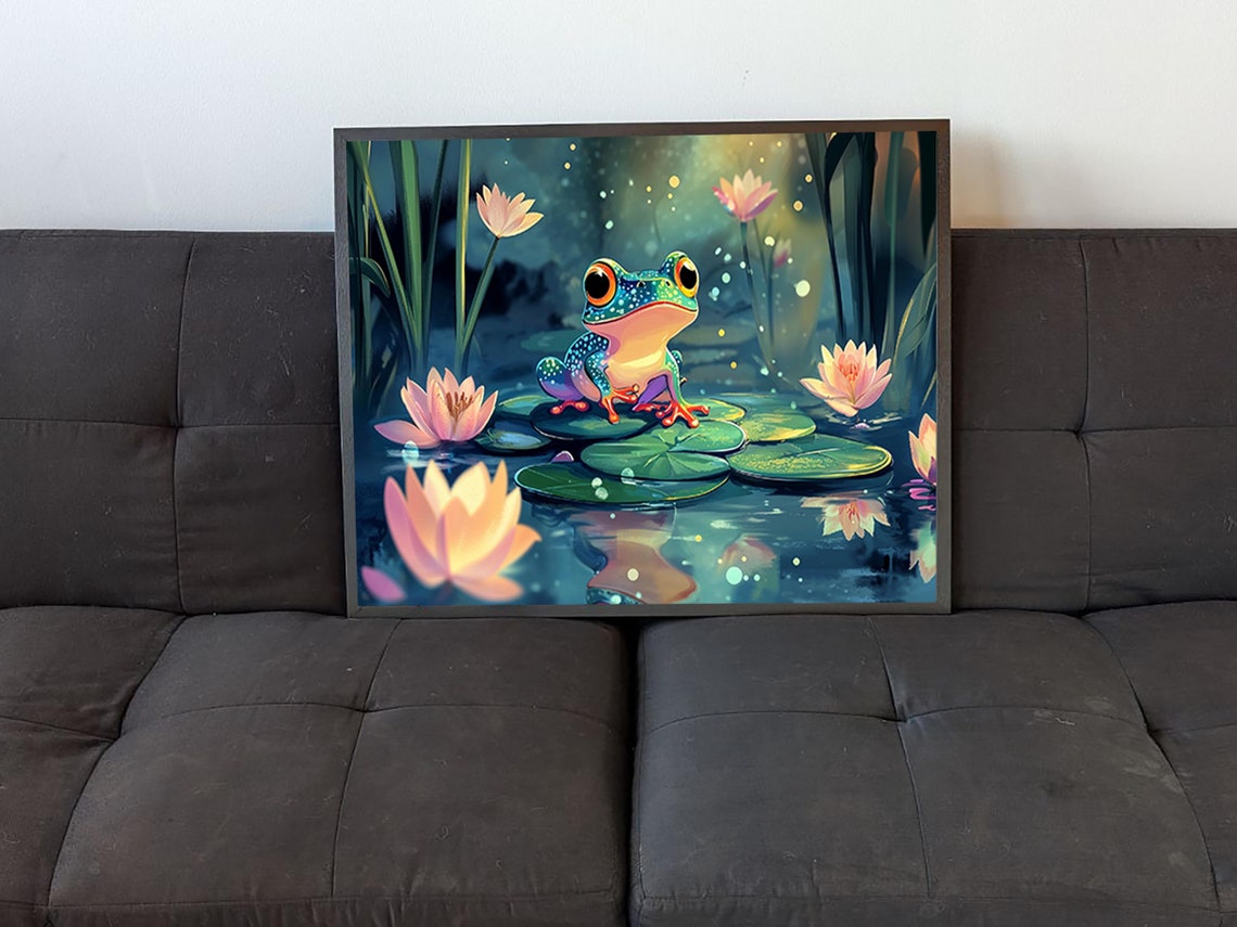 Cute Colorful Frog Lily Pad Night Pond Fireflies Whimsical Art Poster - Image 4