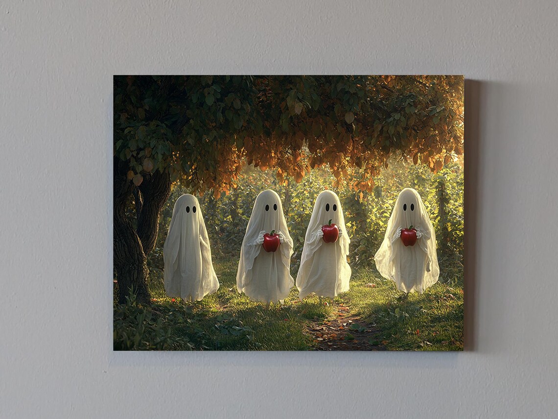 Cute Ghosts Holding Apples In Orchard - Halloween Art