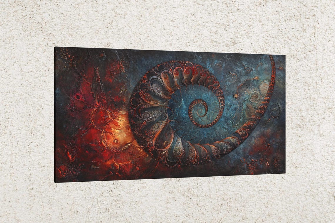 Fiery Spiral Ammonite Fossil Shell Cosmic Teal Abstract Art Poster - Image 2
