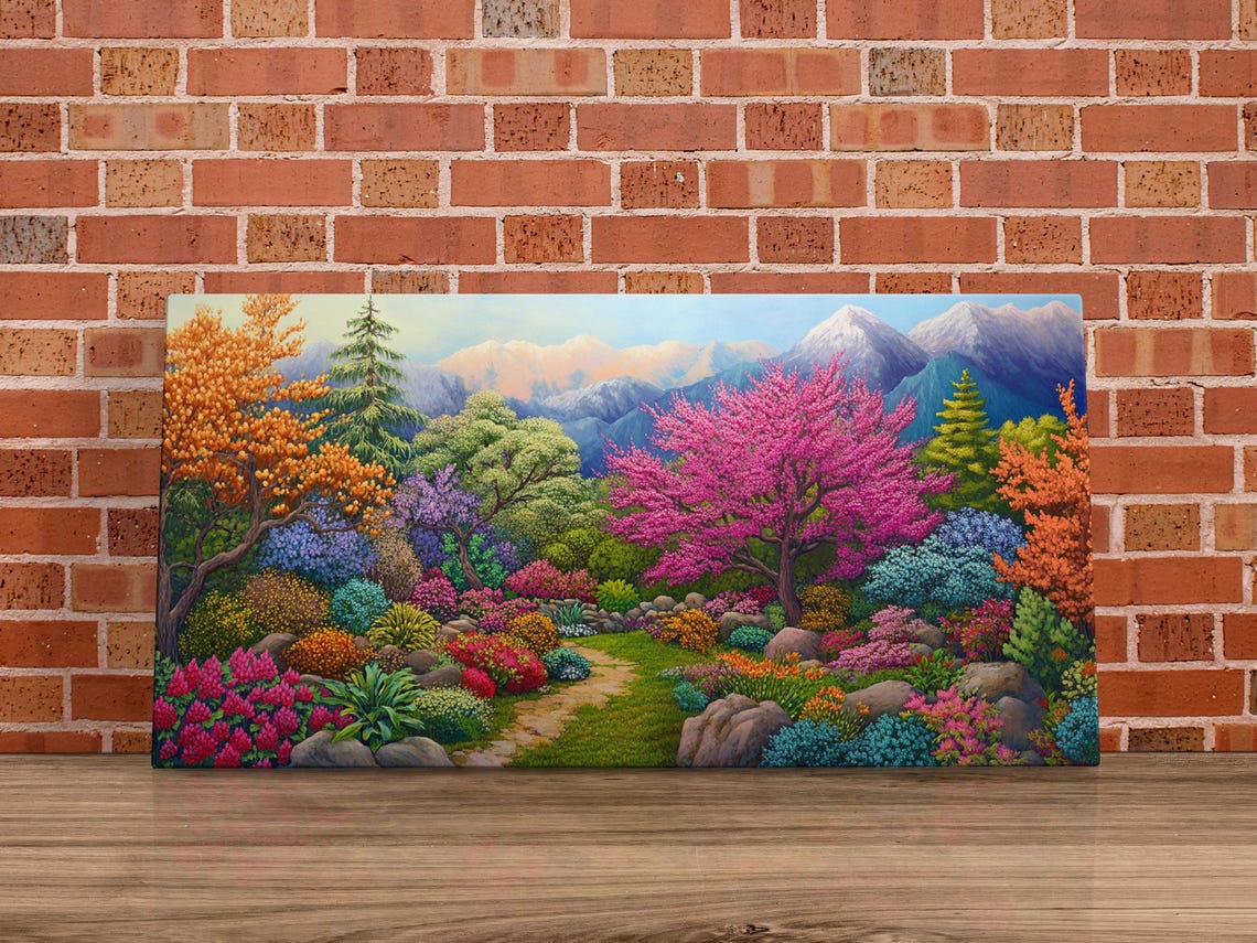 Spring Garden Blossom Path Mountain Landscape Colorful Art Poster
