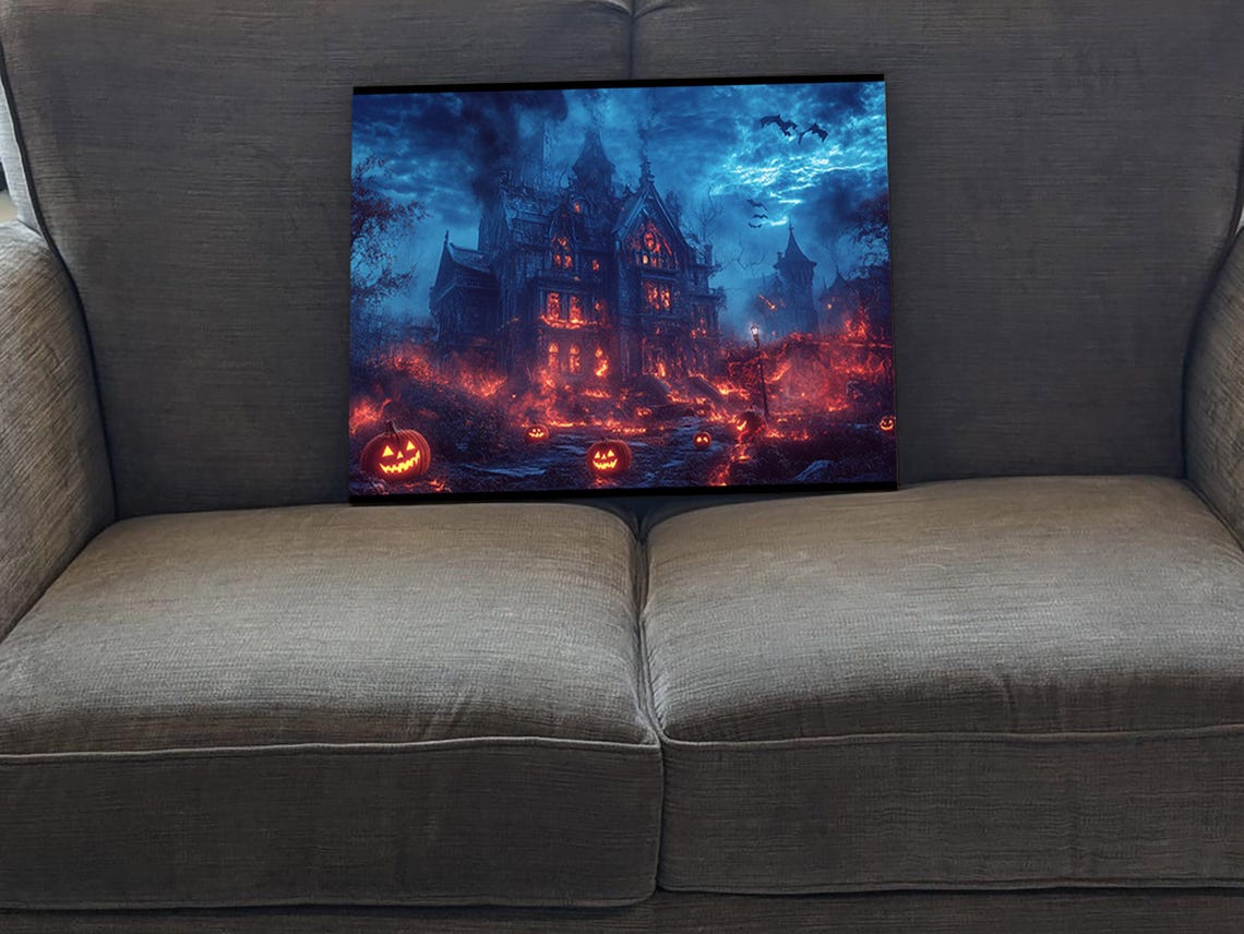 Burning Haunted Mansion Night Jack O Lanterns Halloween Horror Poster - Image 5