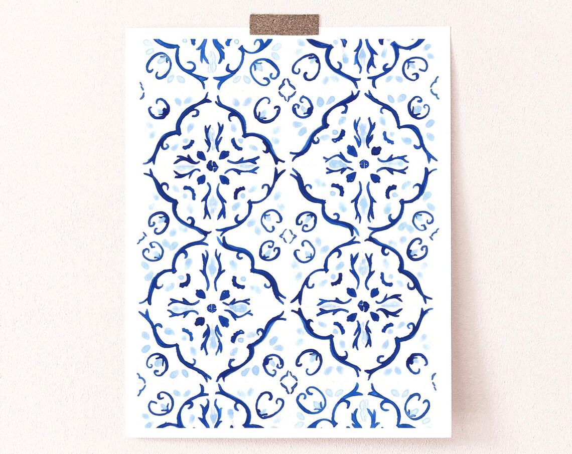 Portuguese Tiles Art Print, Blue Watercolor Pattern - Image 4