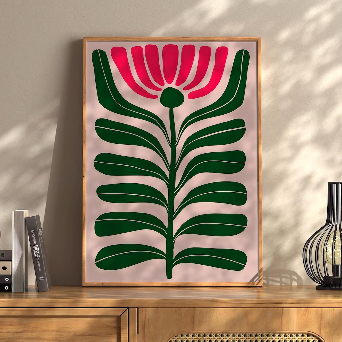Pink Modern Flower Green Leaf Bloom Abstract Botanical Wall Art