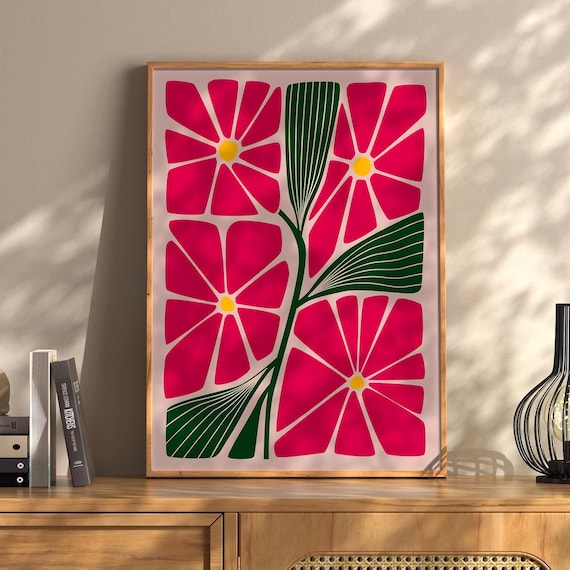 Vibrant Pink Floral Cutout Matisse Style Botanical Art Print
