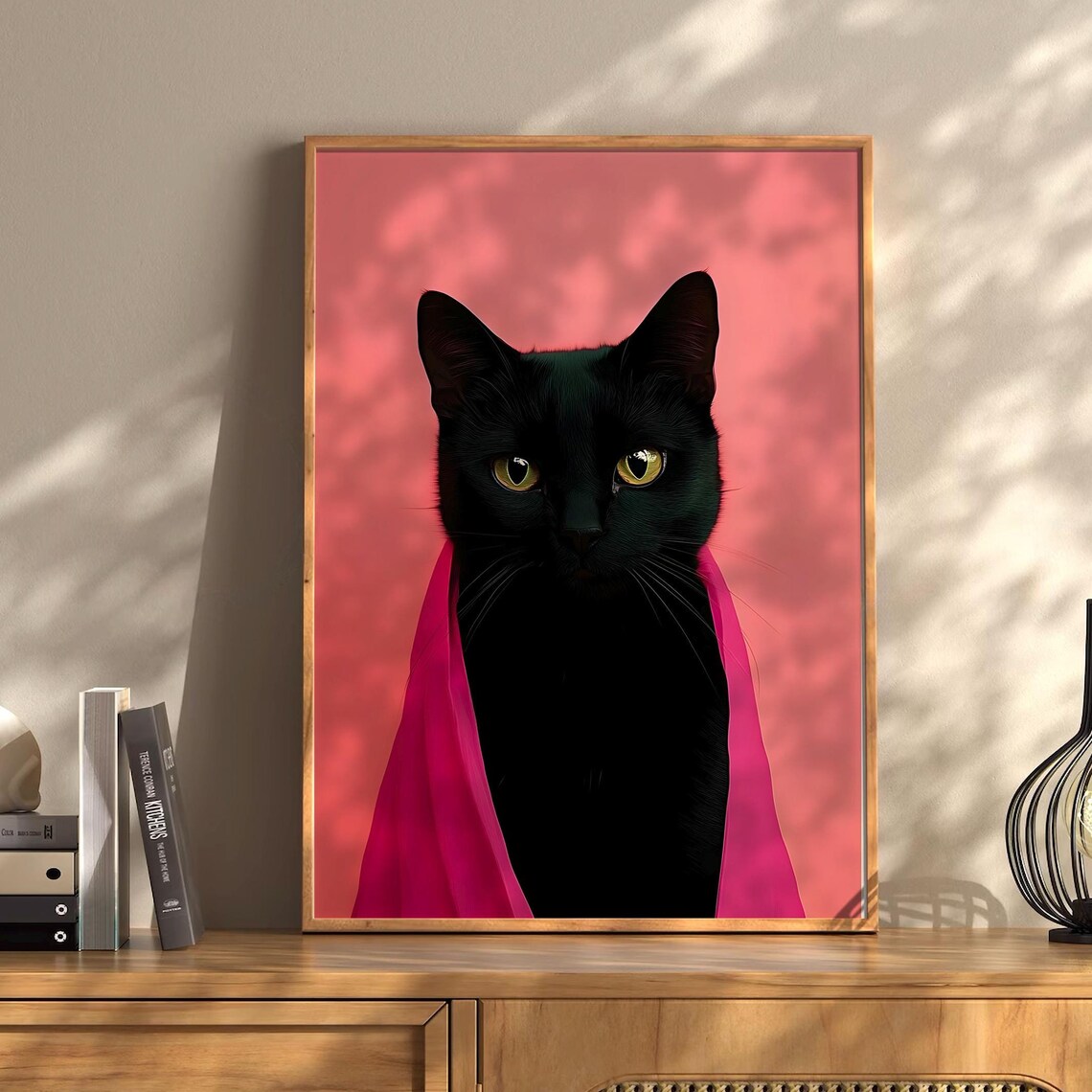 Black Cat In Pink Cape Golden Eyes Bold Pop Portrait Fun Poster
