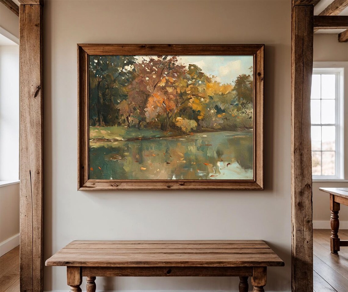 Vintage Landscape Oil Painting, Rustic Autumn Landscape - Image 2