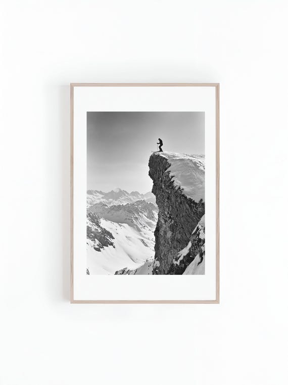 Photo Of Skier On Snowy Mountain Ranges Black And White Back Country Skiing Beautiful Landscape Photo Wall Art Instant