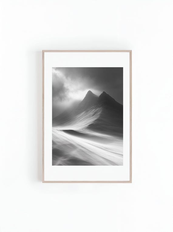 Photo Winding Trail Through Mountains Range Black And White Beautiful Landscape Photo Minimalist Wall Art Print Instant