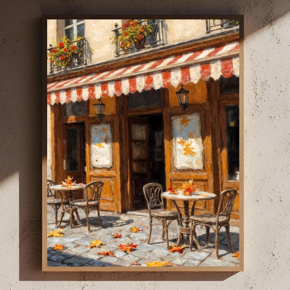 Cozy Paris Coffee Shop Poster Oil Painting Style Vintage Facade Autumn Wall Art Textured Canvas