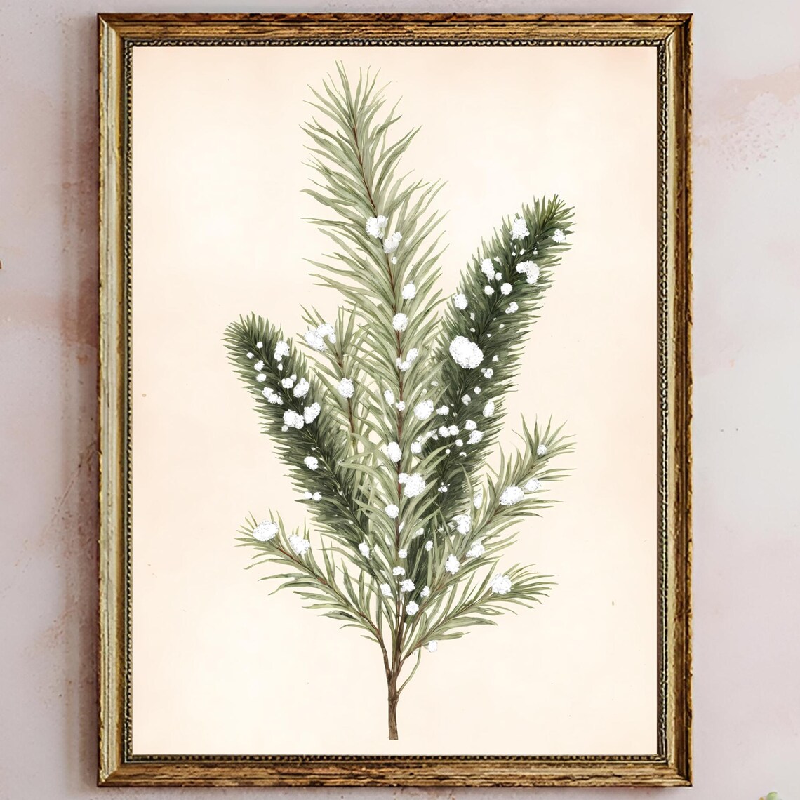 Snowy Pine Branches White Berries Minimalist Christmas Art Poster