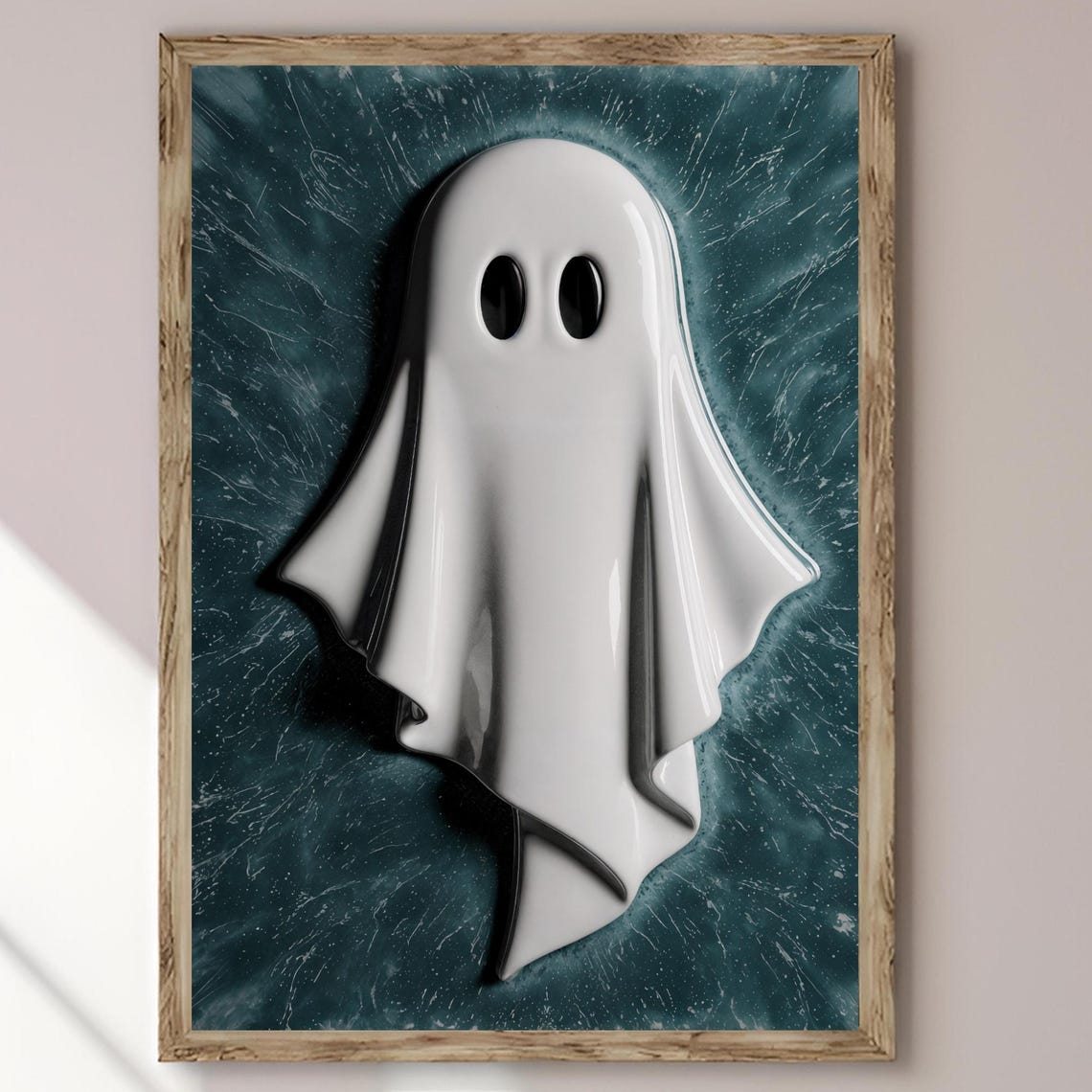 3D Glossy White Ghost Teal Glazed Ceramic Style Halloween Poster