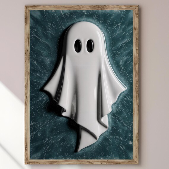 3D Glossy White Ghost Teal Glazed Ceramic Style Halloween Poster
