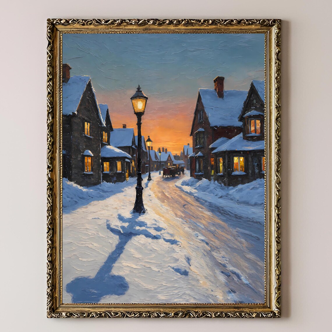Snowy Winter Village Street At Sunset Glowing Lampposts Oil Painting Poster