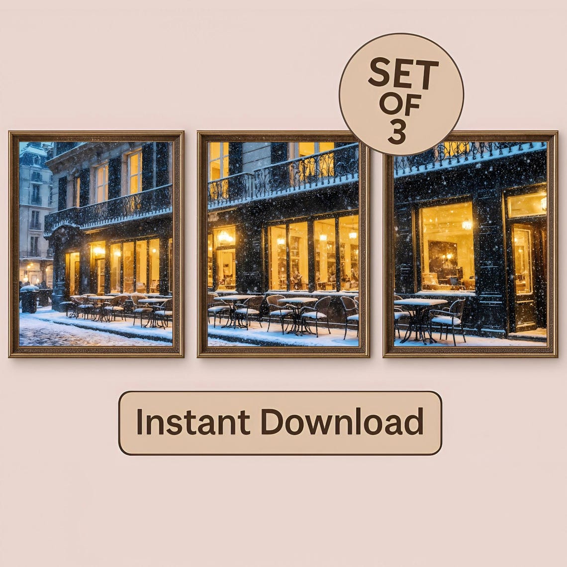 Snowy Parisian Cafe At Night Set Of 3 Glowing Windows Poster