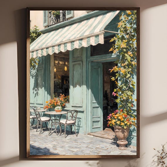 Poster Sage Green Paris Cafe Oil Painting Style Autumn Street Vintage Wall Art Canvas Print