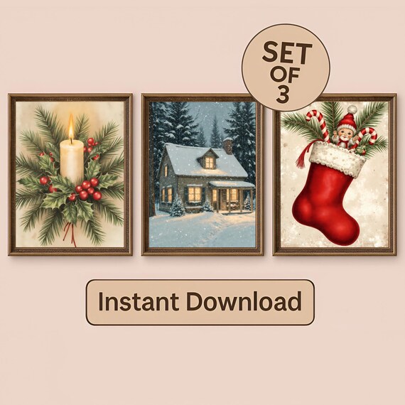Christmas Set of 3 Candle Cottage Stocking Vintage Holiday Poster