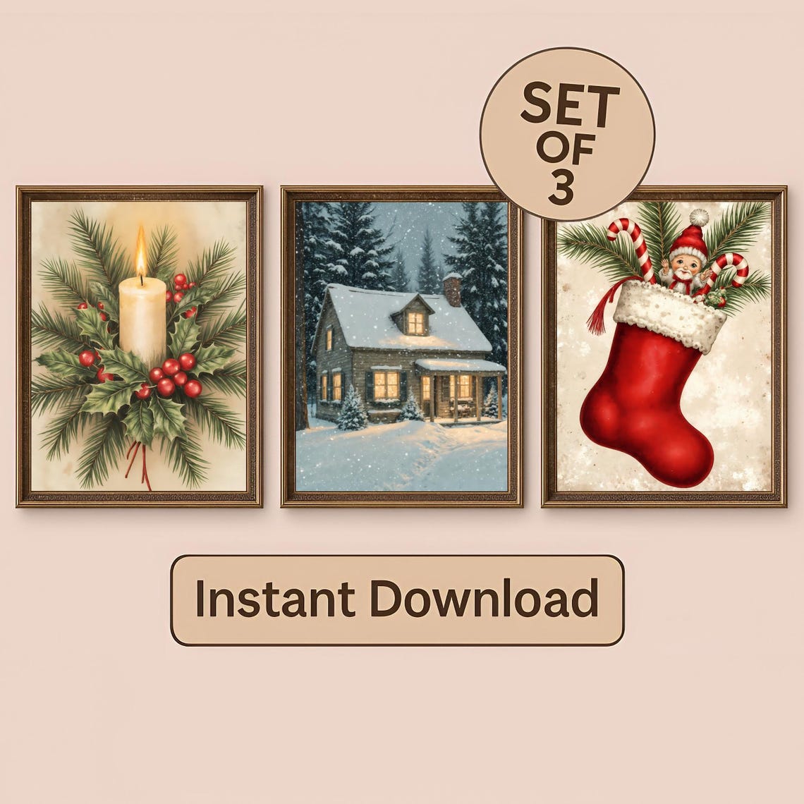 Christmas Set of 3 Candle Cottage Stocking Vintage Holiday Poster