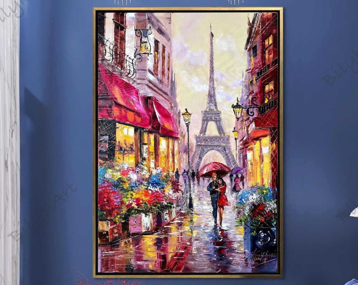 Couple in Paris, Eiffel Tower and Flower Market Art Print