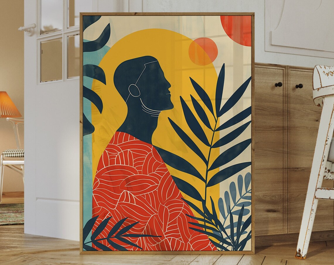 Abstract Woman Silhouette Tropical Sun Mid Century Modern Poster