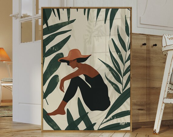 Matisse Style Woman in Sun Hat Tropical Palm Leaves Boho Poster